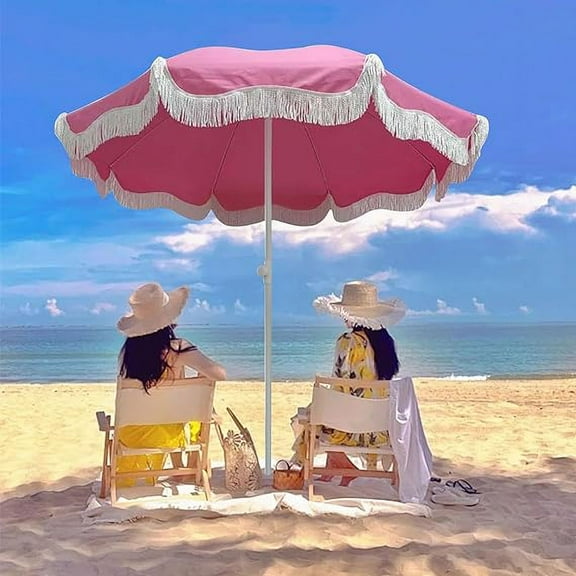 Boho Beach Umbrella with Fringe Pink Patio Umbrella 6.5ft Portable Outdoor Umbrella for Table Tilt Pool Umbrella Rainproof Holiday Umbrellas Patio Parasol with Carry Bag UV Protection