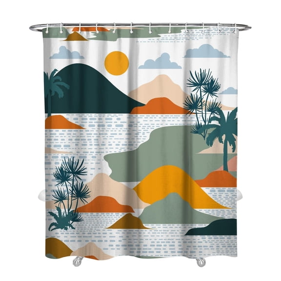Boho Beachy Shower Curtain, Hawaiian Sunset Island and Exotic Palm Tree Landscape, Coastal Paradise Waterproof Fabric with Hooks, for Home, Airbnb, Spa, or Summer Rental