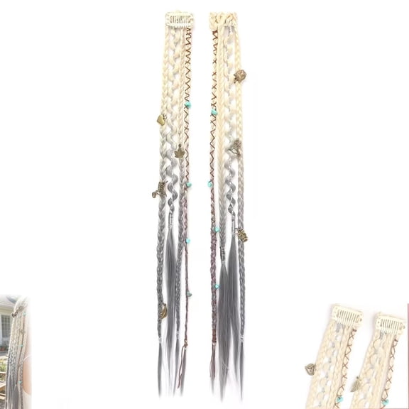 Boho Beaded Clip-In Braids 2Pcs, Dreadlock Hair Extensions with Beads & Charms, 20 Inch Braided Hair for Festival Daily Use (2PCS)