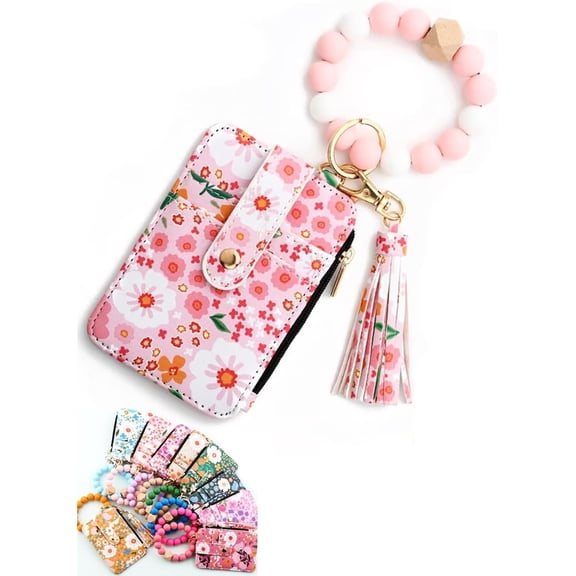 Boho Beaded Flower Wristlet Wallet for Women | Slim Credit Card Holder Purse | Tassel Keychain(LR Light pink 1 PCS)