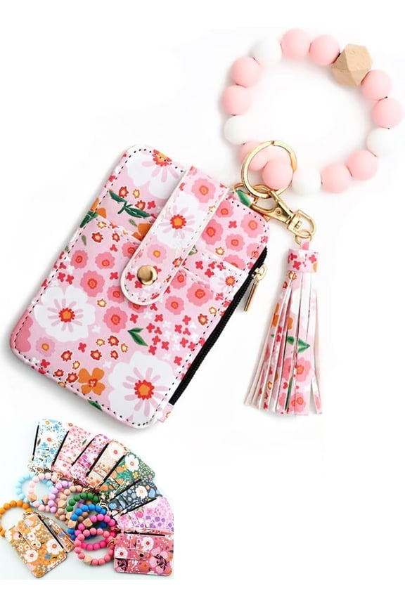 Boho Beaded Flower Wristlet Wallet for Women | Slim Credit Card Holder Purse | Tassel Keychain(LR Light pink 1 PCS)