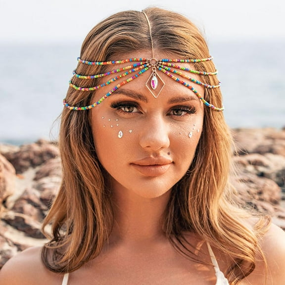Boho Beaded Layered Head Chain Beach Tassel Headbands Adjustable Gold Drop Headpiece Festival Hair Jewelry Accessories for Women and Girls TL07 (Rainbow)