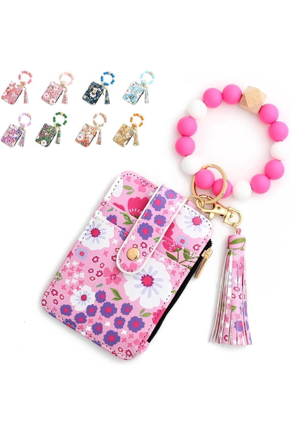 Boho Beaded Tassel Keychain Wallet,Women'S Boho Style Beaded & Tassel Charms Keychain With Pattern,Clear Id Window