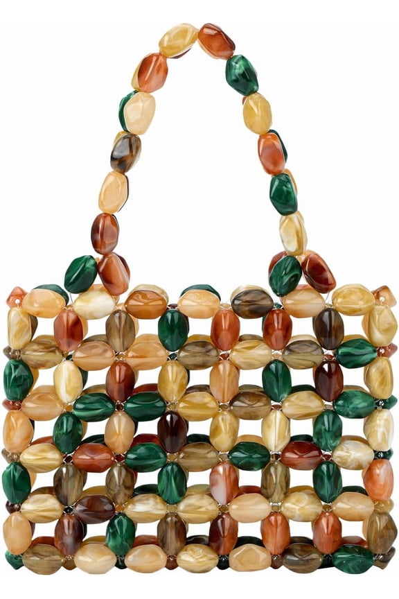 Boho Beaded Tote Bag for Women, Colorful Acrylic Bead Purse, Handmade Woven Handbag for Summer and Beach Events