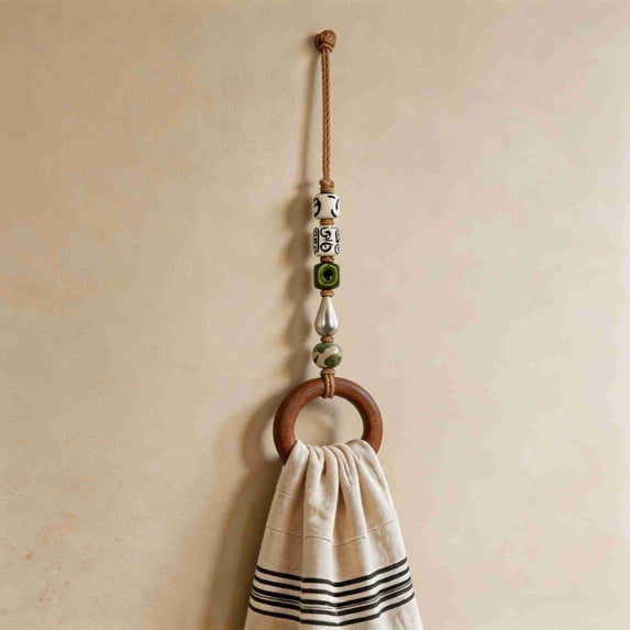 Boho Beaded Towel Hanger with Wooden Ring, Decorative Hand Towel Holder ...