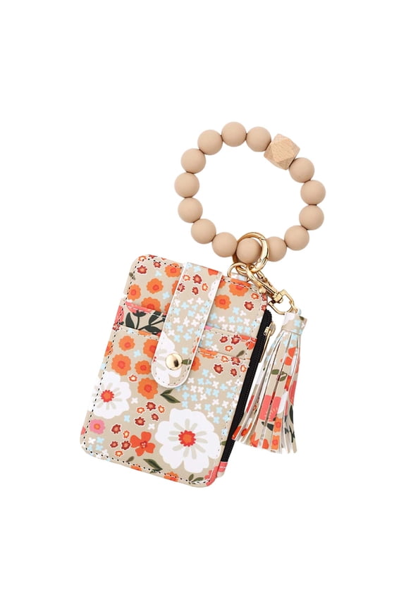 Boho Beaded Wallet Wristlet Keychain Card Holder Purse for Women, PU Leather Tassel Floral Design Small Wallet for Travel Work