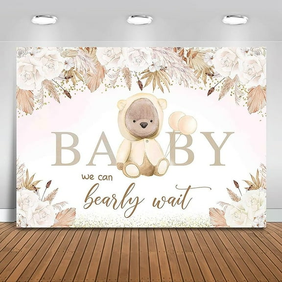 Boho Bear Baby Shower Backdrop 7x5ft We Can Bearly Wait Pink Floral Baby Shower Party Decorations for Girl Pampas Grass Photography Background