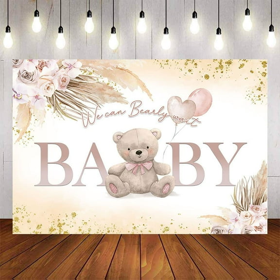 Boho Bear Baby Shower Backdrop Bohemian Pampas Grass Pink Bear Baby Shower Photography Background for Girls We can Bearly Wait Baby Shower Party Decorations Banner Supplies Photo Booth Props