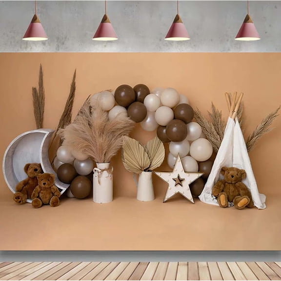 Boho Bear Baby Shower Cute Backdrop Boho Pampas Photography Background Camping Bear Balloons Kids 1st Birthday Party Cake Smash Decor Backdrop Photo Studio