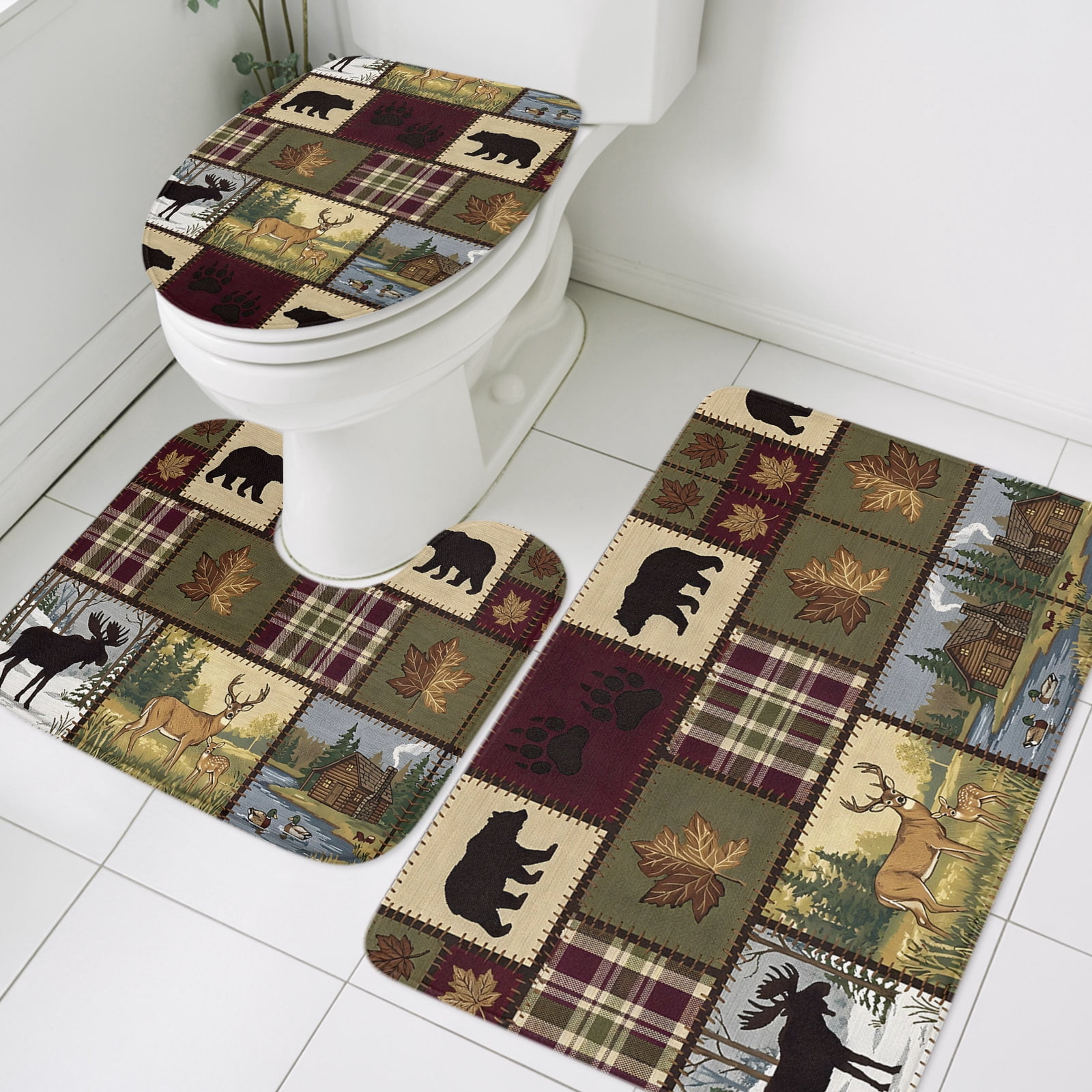 Boho Bear Deer Bathroom Rugs Set Rustic Cabin Country Forest Mountain ...