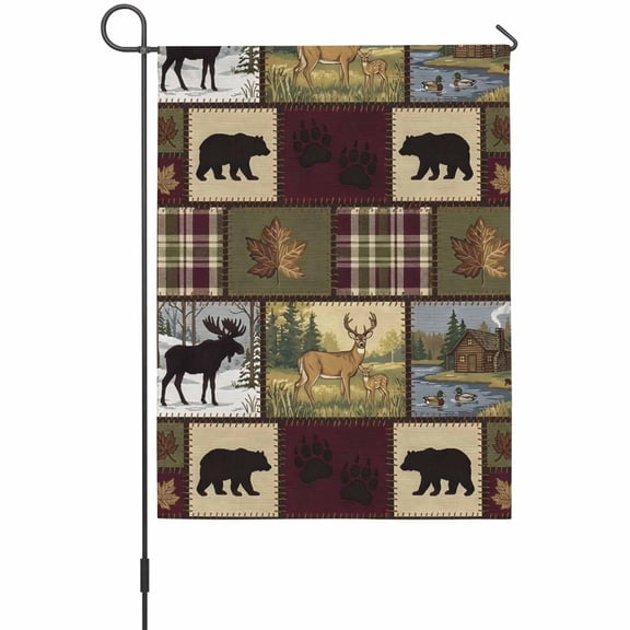 Boho Bear Deer Garden Flag 12 x 18 Inches, Rustic Cabin Country Forest Mountain Leaf Weather Proof Outdoor Patio Flags Double Sided Small Garden Decoration for Yard Outside Home
