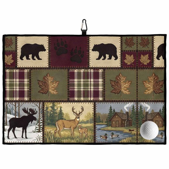 Boho Bear Deer Golf Towel 24" X 16" Rustic Cabin Country Forest Mountain Leaf Microfiber Towels for Golf Bags with Carabiner Clip Absorbent Waffle Texture Portable Towel Golf Accessories for Men