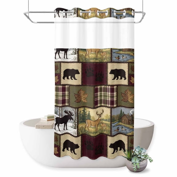 Boho Bear Deer No Hook Shower Curtain Rustic Cabin Country Forest Mountain Leaf Shower Curtain with See Through Top Window, Waterproof Washable Fabric Curtain for Bathroom Hotel Decor, 36Wx72L