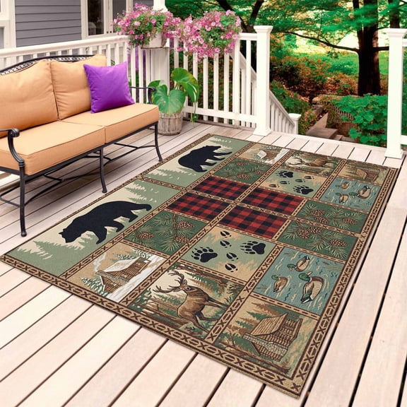 Boho Bear Deer Outdoor Rug for Patio/Deck/Porch, Non-Slip Large Area Rug 3 x 5 Ft, Farmhouse Country House Barn Plaid Indoor Outdoor Rugs Washable Area Rugs, Reversible Camping Rug Carpet Runner