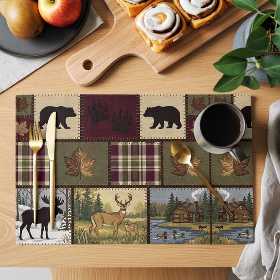 Boho Bear Deer Placemats Set of 2, Rustic Cabin Country Forest Mountain Leaf Heat Insulated Linen Place Mats, Washable Stain-Proof Table Mats for Dining Tables Holiday Decor 13x19 Inches