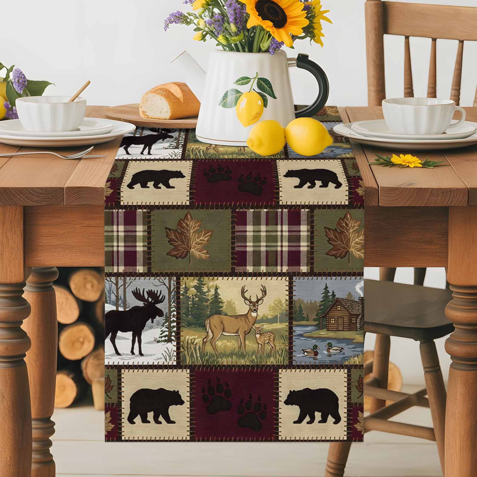 Boho Bear Deer Table Runner 18x72 Inch Rustic Cabin Country Forest Mountain Leaf Cotton Linen Dining Table Runner Ideal for Dresser Kitchen Coffee Tables - Machine Washable