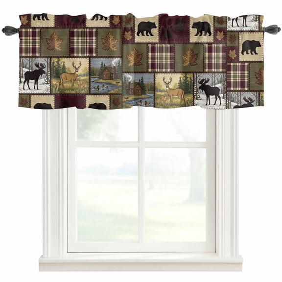 Boho Bear Deer Valances for Windows 42 x 12in Rustic Cabin Country Forest Mountain Leaf Rod Pocket Kitchen Valance Curtain Light Filtering Window Treatments for Living Room Bedroom, 1 Panel