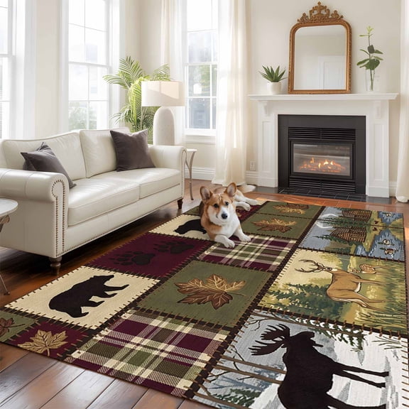 Boho Bear Deer Washable Area Rug 6x9 Rustic Cabin Country Forest Mountain Leaf Low-Profile Large Area Rugs with Non Slip Backing Indoor Floor Carpet for Entrance Living Room Bedroom Home Office
