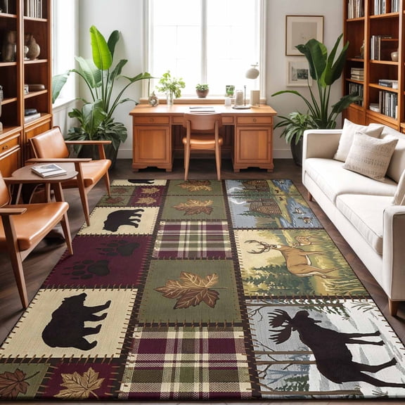 Boho Bear Deer Washable Area Rug 9 x 12 ft Rustic Cabin Country Forest Mountain Leaf, Soft Non Slip Rugs Stain Repellent Indoor Felt Carpet for Living Dining Room Bedroom Home Office