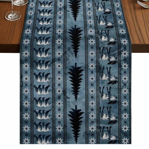 Boho Bear Elk Burlap Cotton Table Runner 13x36 Inches Short, Ethnic Tribe Striped Southwestern Blue Farmhouse Table Runners, Outdoor Dining Table Decor for Baby Shower/Party/Wedding
