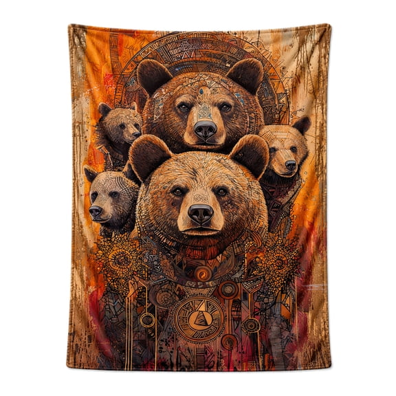 Ornamental Bear Family Throw Blanket, Rustic Wildlife Flannel Blanket 50x40