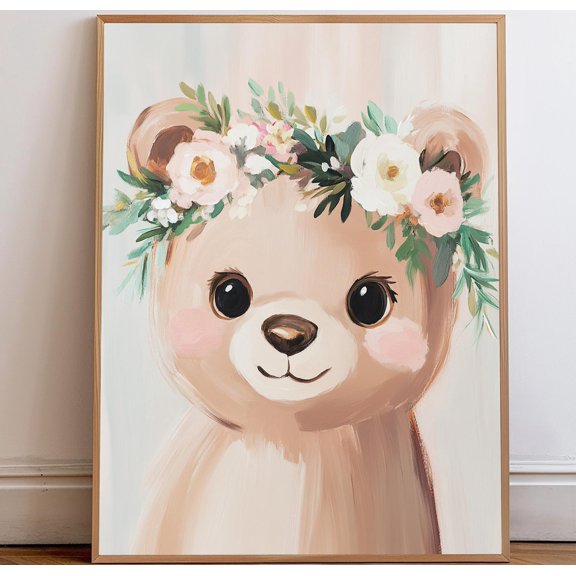 Boho Bear With Floral Crown Nursery Animal Wall Art, Unframed Canvas 8x10in