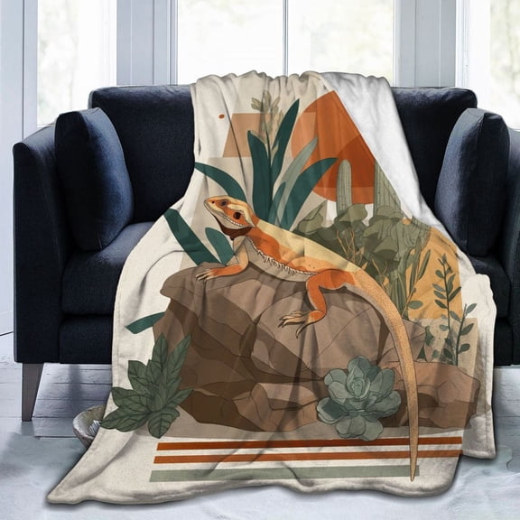 Boho Bearded Dragon Throw Blanket – Desert Cactus Fleece Throw, Soft Flannel, Aesthetic Reptile Decor Gift 50x40