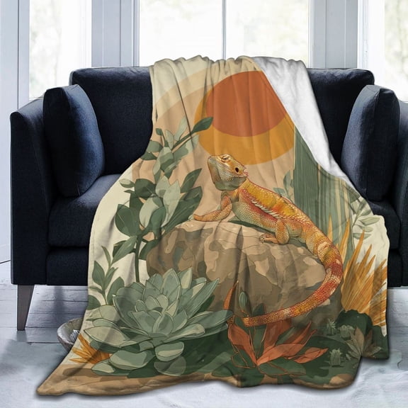 Boho Bearded Dragon Throw Blanket – Desert Cactus Fleece Throw, Soft Flannel, Aesthetic Reptile Decor Gift 50x40