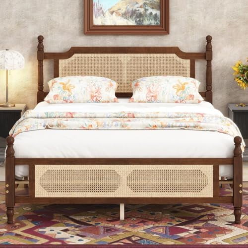 Boho Bed Frame Queen with Rattan Headboard, Rattan Bed Frame&Queen Beds ...