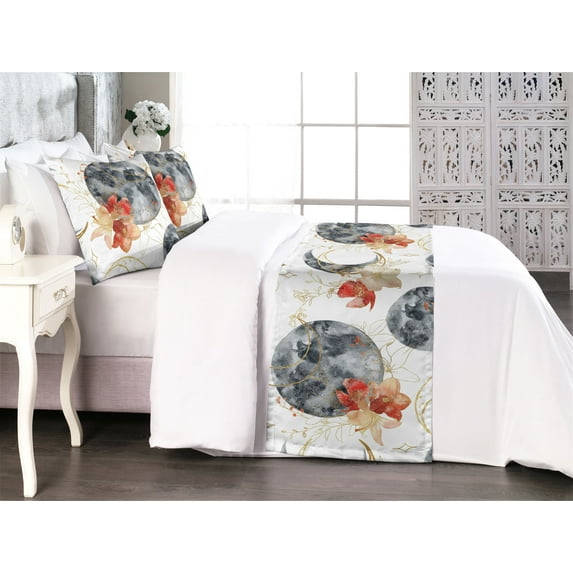 Boho Bed Runner Set, Bohemian Full and Crescent Moon Ornaments with Blooming Watercolor Flowers, Decorative Bedding Scarf & 2 Pillow Shams for Hotels Homes, Queen, Dark Blue Grey Amber, by Ambesonne