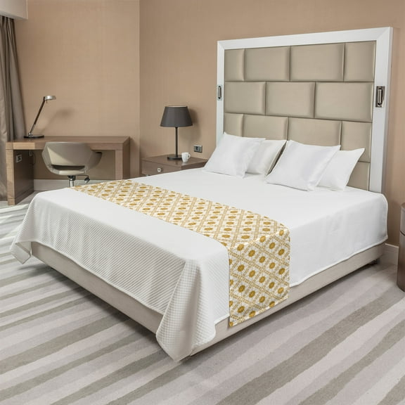 Boho Bed Runner, Soft Toned Pattern with Flowers Details in Diagonal Squares, Decorative Accent Bedding Scarf for Hotels Homes and Guestrooms, Queen, Off White Dark Yellow, by Ambesonne