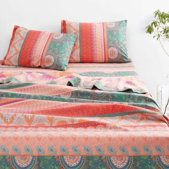- Boho Bed Sheets, 4-Piece Sheet Set, Bohemian Chic Medallion Colorful Hippie Aesthetic Bedding, Deep Pocket, Orange Green, Queen Size