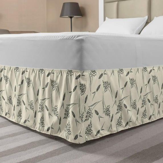 Boho Bed Skirt, Botanical Themed Delicate Pastel Pattern with Natural Field Herbs Print, Elastic Bedskirt Dust Ruffle Wrap Around for Bedding Decor, 4 Sizes, Cream and Charcoal Grey, by Ambesonne