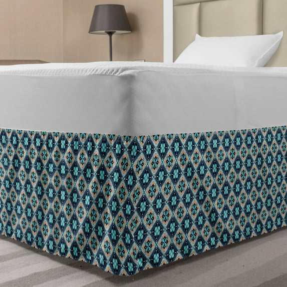 Boho Bed Skirt, Inspired Flower Motif in Squares, Elastic Bedskirt Dust Ruffle Wrap Around for Bedding Decor, 4 Sizes, Pale Orange Night Blue, by Ambesonne