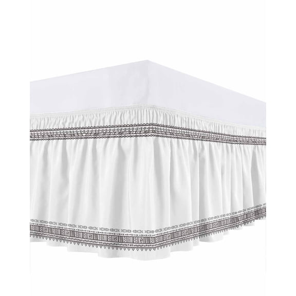 Boho Bed Skirt National Style Black Concise Bed Skirts Queen Size 16 Inch Drop, Wrap Around Dust Ruffle Bedskirt with Adjustable Elastic Belt for Queen Size Beds
