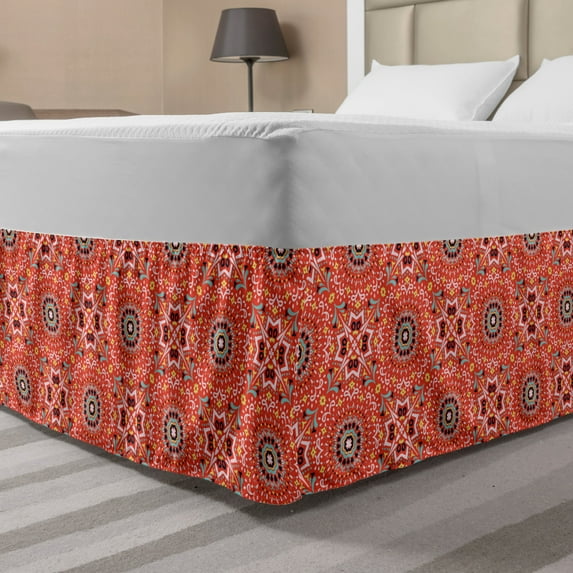 Boho Bed Skirt, Talavera Inspire Repetitive Jumble Pattern, Elastic Bedskirt Dust Ruffle Wrap Around for Bedding Decor, 4 Sizes, Burnt Sienna Seafoam, by Ambesonne