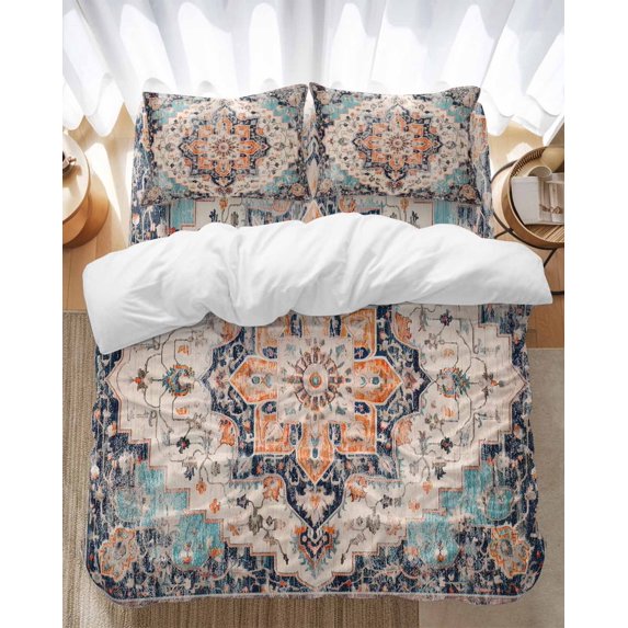 Boho Bedding Duvet Cover Set Queen Size 4 Pieces Vintage Medallion Damask Floral Abstract Middle Ages Bedding Set with Zipper Closure, 1 Comforter Cover 90x92 Inches 1 Flat Sheet & 2 Pillow Cases
