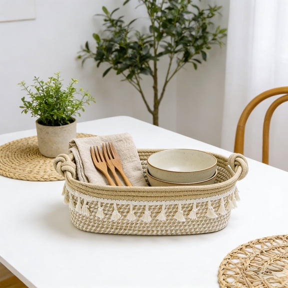 Boho Bedroom Decor Woven Storage Basket, Macrame Rope Bin with Tassels & Twisted Handles, Oval Organizer for Makeup, Perfume, Bathroom Vanity & Desk Countertop