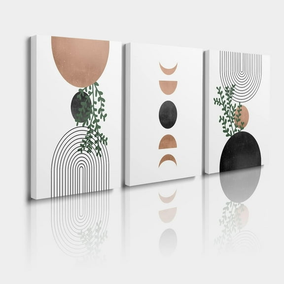 Boho Wall Art Set of 3 - Abstract Sun and Moon Prints, Neutral Mid-Century Modern Decor for Bedroom or Living Room, 12x16 Inch Unframed