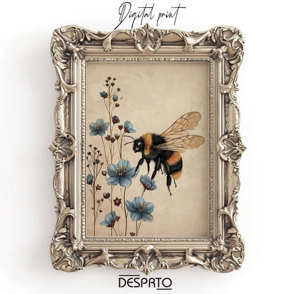 Boho Bee In Blue Flower Print, Moody Lupine Bumblebee Decor, Botanical Print, Bee Dark Academia, Cottagecore Wall Art, Vintage Poster UNFRAMED PAPER POSTER, Home Decor, Vintage Gift