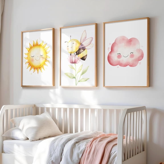 Boho Bee Nursery Art Prints Floral Sun Cloud, Poster Only