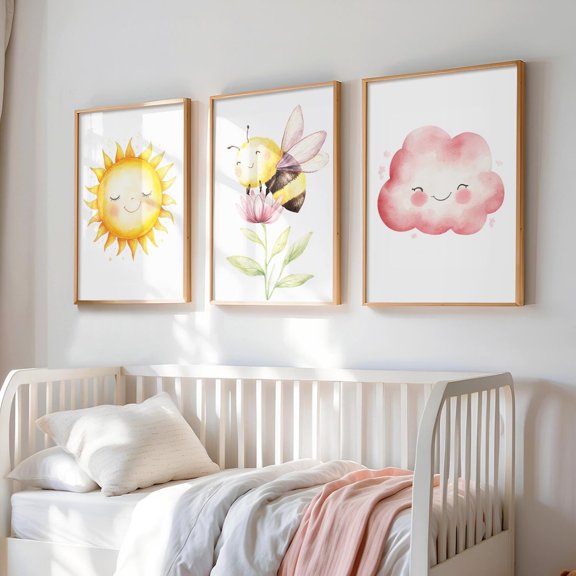 Boho Bee Nursery Art Prints Floral Sun Cloud Set 3 Unframed Paper Print 8x12