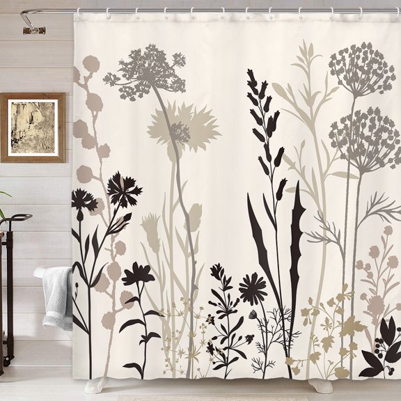 Boho Beige Cream Floral Shower Curtain, Vintage Tan Flower Shower Curtain, Fun Abstract Rustic Wildflower Plant Botanical Silhouette Farmhouse Shower Curtain for Bathroom with 12PCS Hooks, 70X70IN