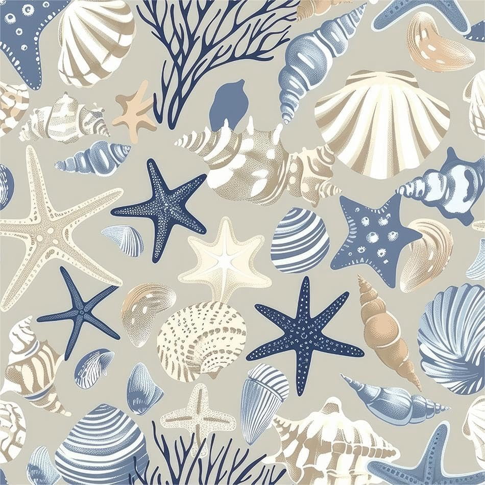 Boho Beige Cream Grey Blue Under The Sea Animal Coral Starfish Shell Peel and Stick Wallpaper Contact Paper Vintage Vinyl Stick on Wall Paper for Bedroom Bathroom Kitchen Cabinet Renter Friendly