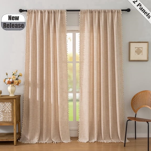 Boho Beige Curtains 84 Inches Long Bohemia Linen Curtains for Bedroom Living Room, Super Soft Light Filtering Country Rustic Semi Sheer Farmhouse Curtain Rod Pocket 2 Panels Set 52x84