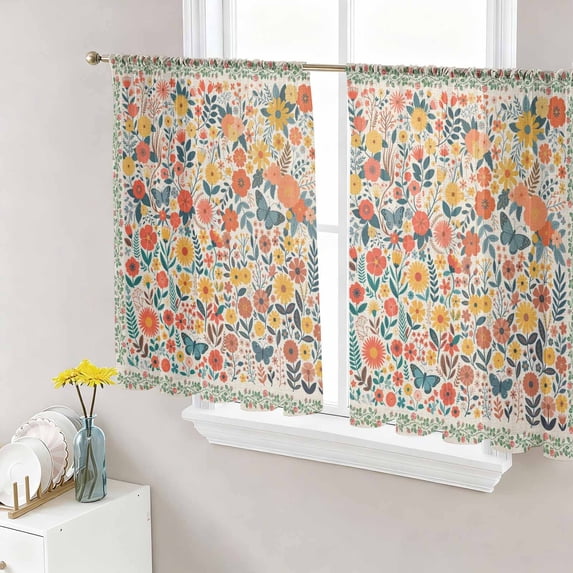 Boho Beige Flowers Sheer Curtains 54 Inch Length 2 Panels Set, Spring Abstract Watercolor Floral Leaf Voile Window Treatment Rod Pocket Short Kitchen Curtains Drapes for Bedroom 52"x54"x2