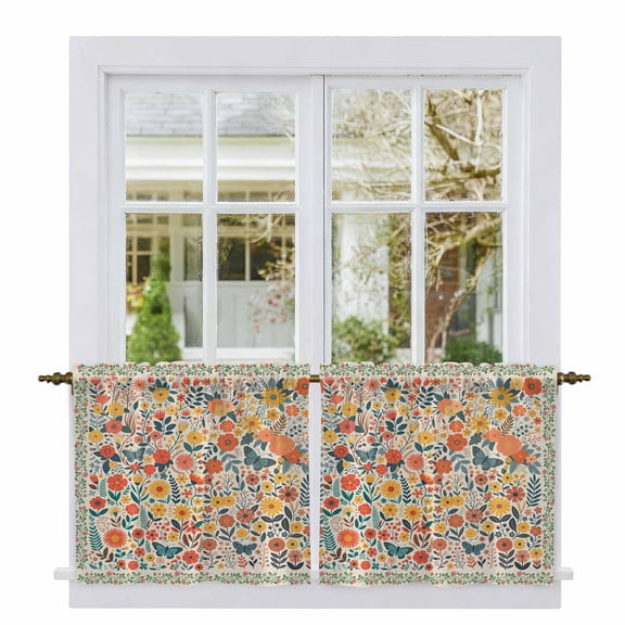 Boho Beige Flowers Tier Curtains 24 Inch Length, Spring Abstract Watercolor Floral Leaf Cafe Short Curtains for Bathroom Over Sink, Small Kitchen Curtain Light Filtering Drapes 2 Panels 27.5"Wx24"L