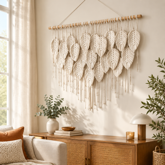 Boho Beige Handmade Leaf Macrame Tapestry, 39" W x 28.3" L, Woven Cotton Wall Decor