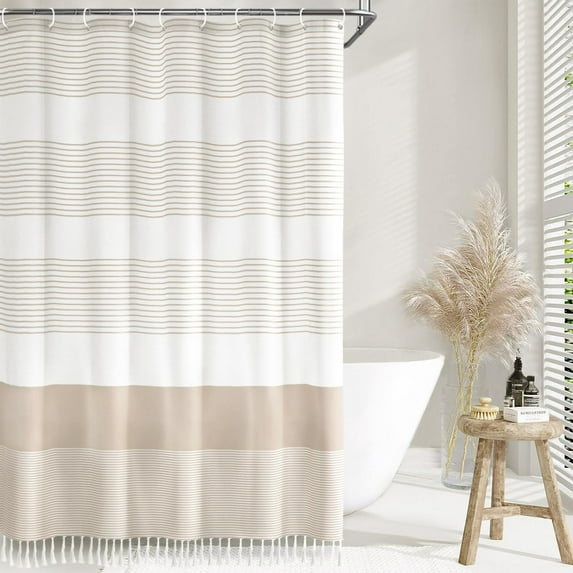 Psoiuetr Boho Beige Shower Curtain for Bathroom Stripe Tassel Fabric Shower Curtain 72 X 72 Inches Farmhouse Linen