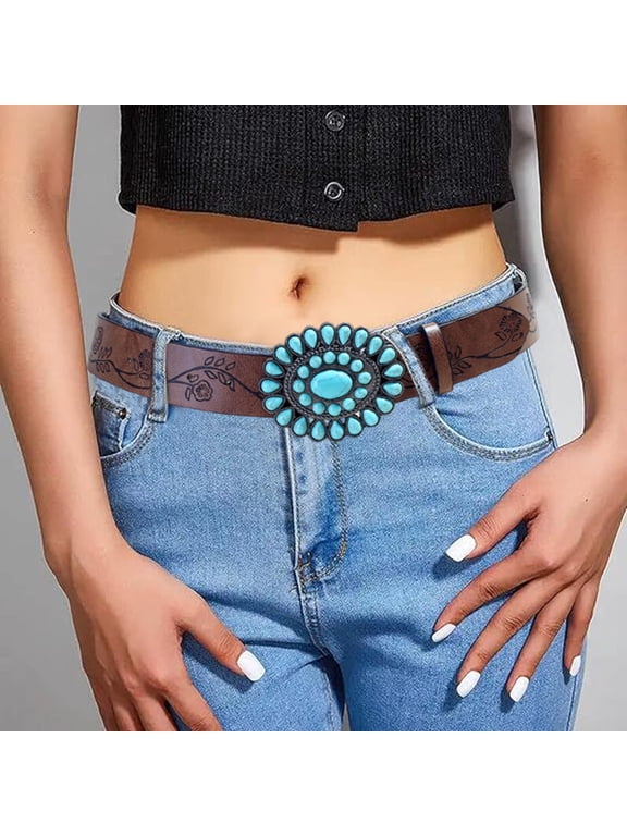 Boho Belt Rose Flower Carved Pattern Faux Turquoise Decor Vintage Western Belt Snap Button Imitation Leather Waistband